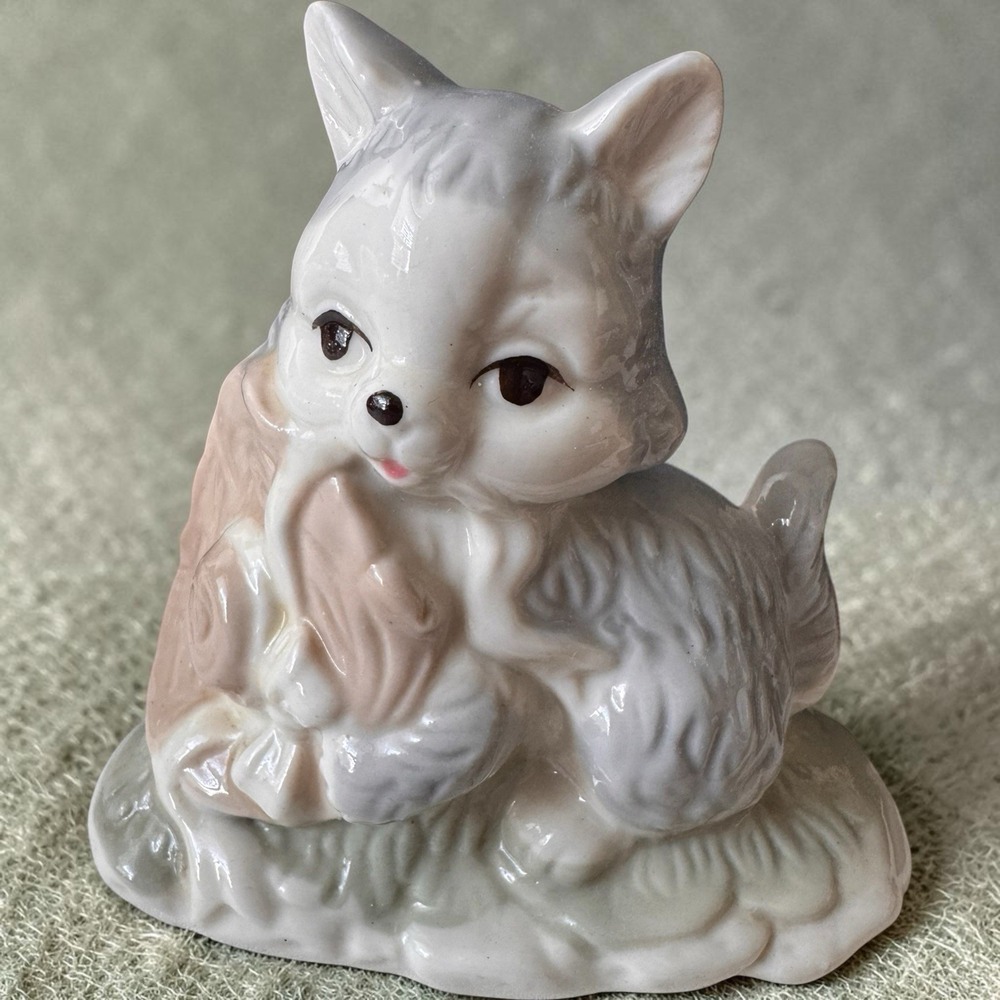 Porcelain White Grey Cat Figurine Playing Whimsical Kitty Kitten Collectible